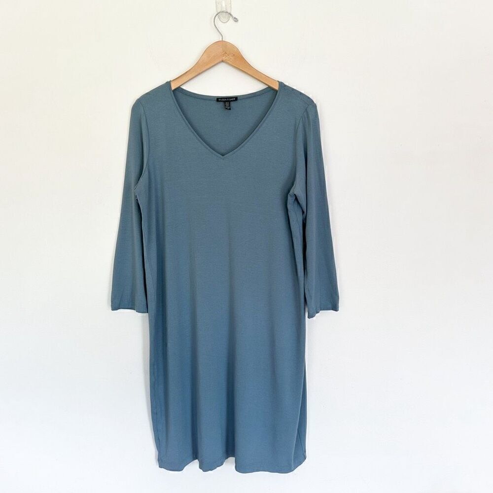Eileen Fisher Women’s Viscose Stretch Jersey 3/4 Sleeve V-Neck Dress in Dusty Bl